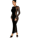 Sexy Black Mesh Patch See Through Round Neck Long Sleeve Slim Long