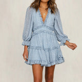 hirigin Summer Elegant Ruffles Print Mini Dress Women Sexy Halter V-neck long-sleeved waist Puff sleeve Dresses women