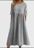 Cotton-Sleeved Short-Sleeved Pocket Folded Loose Round-Neck Dress In Summer
