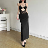 Woherb 2024 New Women's Sexy Hot Girl With Mesh Hollow Slim Dress Dress-Outfit