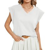 2024 New Women's V-Neck Solid Color Rotator Sleeve Casual Vest T-Shirt-Outfit