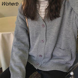 Women Casual Sweater Retro Grey Solid Loose Pockets Single Breasted V-Neck Trendy All-match Jumper Female Tops Outwear-Outfit