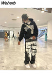 loose straight wide-leg pants American hip-hop street letter printed jeans men's fashion retro loose jeans women's new style 729-0-Outfit