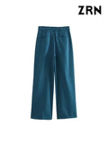 Women Fashion Side Pockets Front Darts Straight Pants Vintage High Waist Zipper Fly Female Trousers Mujer-Outfit