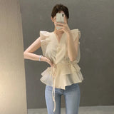 Fashion Ruffled Chiffon Shirt Women Tops New Vintage Elegant Lace-up Slim Clothing V-neck Sleeveless Blouse Chic