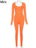 Kliou Solid Concise Two Piece Set Women Skinny Bodycon-shaping Crew Neck Bodysuit+High Waist Slim Sporty Leggings