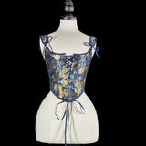 Spring And Summer New French Retro Wrapped Court Corset Front Strap U Tie Leaf Printed Vest Female