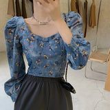 Vintage Print Women Denim Blouse Square Neck Puff Long Sleeve Blue Jean Short Shirt Casual Elegant Crop Korean Ladies