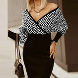 Elegant Women Dress 2021 Autumn Fashion Long-sleeved Sexy Deep V Neck Slim Party Dresses Vintage Printed Ladies Dress