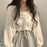 Thin White Knit Cardigan Women Summer Sunscreen Lace-Up Knitwear Tops Woman 2023 Lantern Sleeve Cropped Sun Protected Top-Outfit