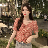 Plaid Summer Shirts Women Crop Tops Mujer Harajuku Sweet Cute Korean Style Retro Temperament Girlish Clothes Y2k Students-Outfit
