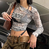 Black Pachtwork Mesh Sheer T-shirt E-girl Graphic 90s Vintage Women Long Sleeve Slim Fit Crop Top Harajuku