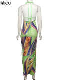 Kliou Aesthetic Print Maxi Dresses Women Fashion Sleeveless Lace up Backless Cleavage Body-Shaping Robe Partywear Female