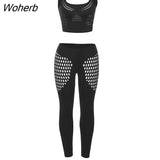 Puss Y2K Chic Elastic 2 Piece Set Women Skinny Solid Sexy Hollow Tank Tops+High Waist Pants Matching Streetwear Outfits-Outfit