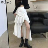 High Waist Irregular Skirt Women White Korean Designer Ruffles Split Skirt Slim Office Lady Streetwear Chic Party Clothes-Outfit