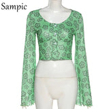 Fashion Sexy Spring Mesh Print Y2K 90s Long Sleeve Women T Shirt Tops Casual Summer 2021 Skinny Transparent Party