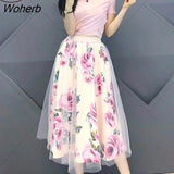 Fresh Chiffon Skirt Elegant Short Sleeve Bowknot Tops Floral Mid-length High Waist Slim Two-piece Suit Shirt Skirt 16673-Outfit