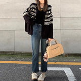 Woherb Lazy Knit Cardigan Autumn And Winter 2024 New V-Neck Sweater Coat Temperament High-End Woolen Jacket Loose-Outfit