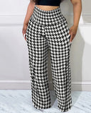 Women Loose Wide Leg Pants Fashion Casual Houndstooth Print High Waist Pants Trousers Autumn Winter-Outfit