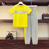Students Women Sets Summer Short Sleeve T Shirt And Ankle Length Pants Female