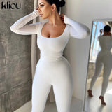 Kliou Solid Concise Two Piece Set Women Skinny Bodycon-shaping Crew Neck Bodysuit+High Waist Slim Sporty Leggings