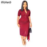 Fashion Elegant Bandage Dress African Women OL Solid Button Short Sleeve Slim Dress Women-Outfit