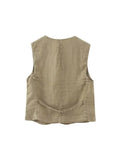 2023 Women Summer Vests Coats Vintage Solid V-Neck Single Breasted Linen Female Elegant Street Waistcoat Vest Clothing-Outfit