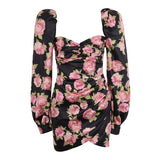 2021 Rose Floral Print Long Puff Sleeve Ruched Sexy Mini Dress Autumn Winter Women Party Elegant Streetwear