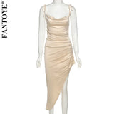 Sexy Khaki Spaghetti Strap Asymmetry Dress Women Slash Neck Backless Slim Midi Dresses Fashion New Ruched Party