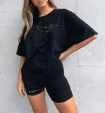 Basic Women's Two Pieces of Sets Homewear Oversize Shirt and Skinny Shorts Set Streetwear Letter Print