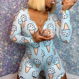 hirigin Hot Sale Women Sexy Stretchy Pajamas Long Sleeve V-Neck Pineapple Star Heart Printed Bodycon Summer Lady Jumpsuit