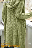 Women Sweater Mid-Length Women'S Overcoat Cardigan Solid Color Hooded Twisted Knitted Open Loose Sweaters-Outfit