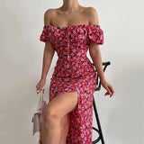 Elegant Off Shoulder Floral Print Dresses For Women 2023 Sexy Short Sleeve A-Line Split Midi Dress Party Dress Vestidos-Outfit