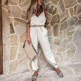 Sexy Sling V-Neck Backless Playsuit Office Lady Elegant Solid Lace-Up Overalls Romper Casual Loose Women Jumpsuits