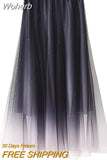 Spring Gradient Elastic Waist Midi Mesh Skirt Women Elegant High Waist Pleated Long Tulle Skirt QT1982-Outfit