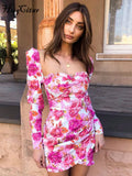 2022 Long Sleeve Floral Print Ruched Ruffles Mini Dress Autumn Winter Women Party Cute Outfits