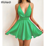 Women Bowknot Tie Waist Mini Satin Sundress 2022 Sexy Femme Plunging Neck Crisscross Strap Robe Lady Outfits Club Clothing-Outfit