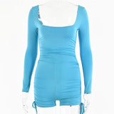 Slinky Long Sleeve Playsuit Women 2021 Fall Ruched Backless Sexy Rompers Female Square Collar Sport Biker Shorts