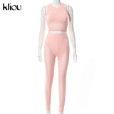 Kliou High Street Two Piece Set Women Scratching Shape Mesh Sleeveless Short Top+Sexy Sheath Slim High Waist Female
