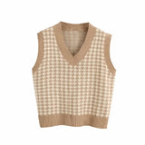 Sweater Vest 2020 Autumn Knitted Houndstooth V-Neck Pullover Fashion Oversized Sleeveless Female Waistcoat Jumper