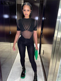 Kliou Mesh Patchwork Jumpsuits Women Fashion Skinny Short Sleeve Zipper Elastic Cleavage Rompers Streetwear Female