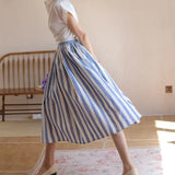 Women Vintage Cotton Linen Striped Umbrella Skirt Elegant High Waist Mid-length Long A-line Skirt For Spring Summer QT2064-Outfit