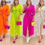 Shirt Dress Women Fashion Commuter Solid Long-sleeved Lace-up Button Shirt Maxi Dress for Women-Outfit