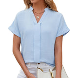 / Summer 2024 New Chiffon V-Neck Pure Color Short-Sleeved Loose Jacket Shirt-Outfit