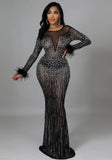 Sexy Black Rhinestone Beaded Sheer Mesh O-neck Fur Trim Long Sleeve Mermaid Evening