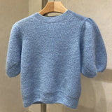 Solid Jumpers Pullovers White Puff Sleeve Knitted Sweater Women Pull Wild Short Sleeve Knitwear Top Pink Blue