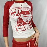 Gothic Print T-shirt Women Long Sleeve Slim Fit Crop Top Y2K Aesthetic Spring Autumn Sweats Tees Top Harajuku
