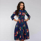 Vintage pleated tunic print dress women Elegant ladies A line dresses Long sleeve female autumn mixi party dress