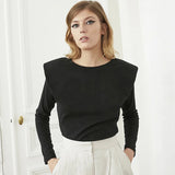 2020 New Fashion Pads Shoulder Top Women Graceful Long Sleeve T-Shirts Ladies Solid Color Top for Work Daily Wear Autumn