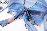 Kliou Bow Lace Print Sheath Sexy Women Two Piece Sets 2021 Flare Sleeve V-Neck Hot Female Mesh Ruched Clubwear